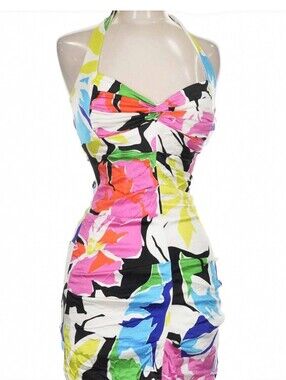 NWOT Floral CACHÉ White Stretch Satin Ruched Halter Mini Dress 2 XS Built-in Bra